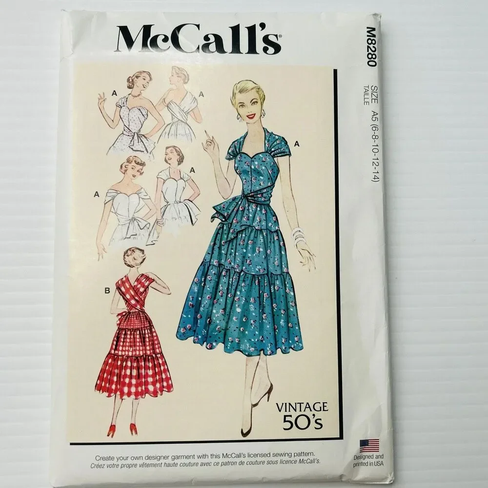 McCall's 8280 Pattern Retro 50s Sweetheart Dress w Tiered Skirt Sz. 6-14 UNCUT